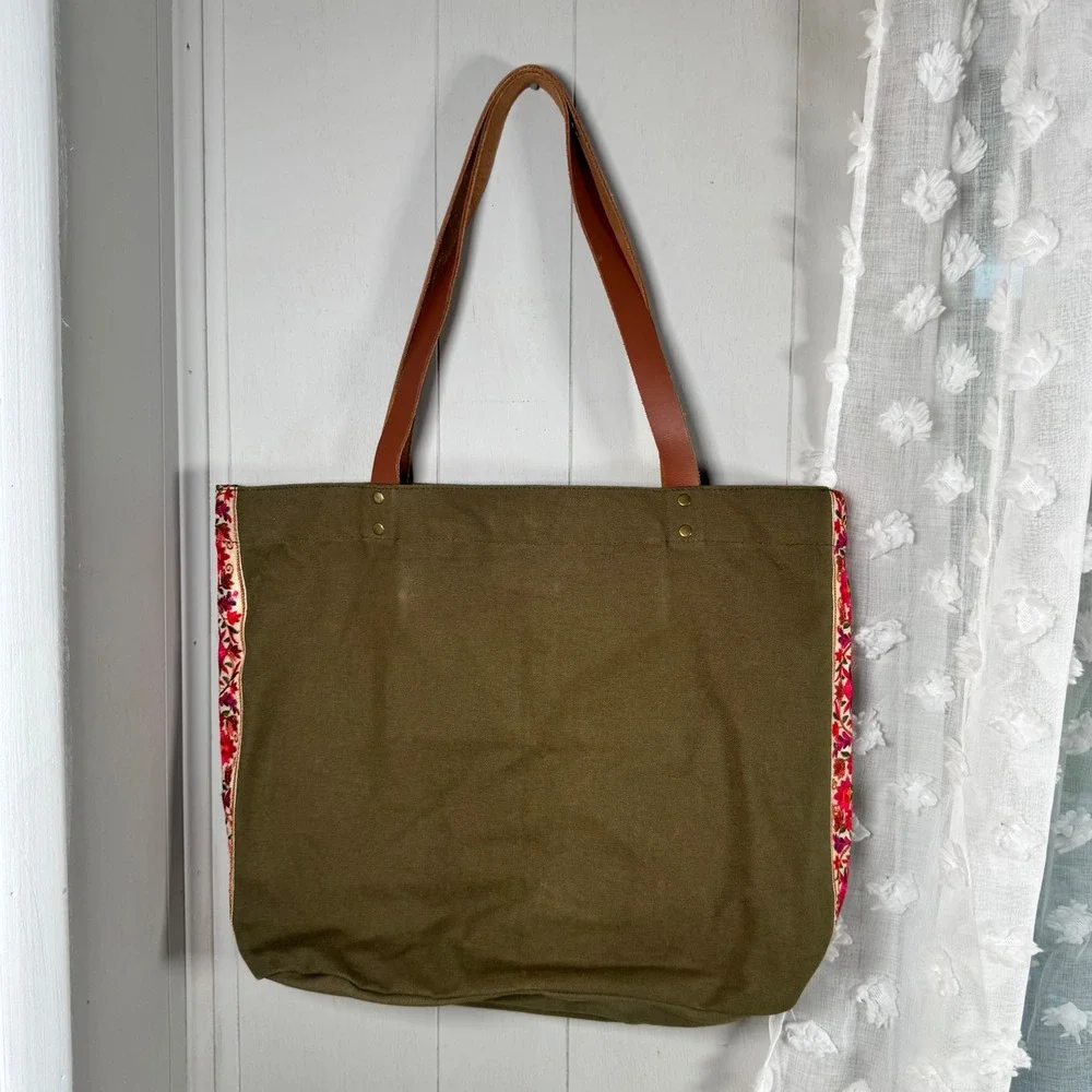 Trades of Hope Secret‎ Garden Olive Floral Embroidered Tote Bag Canvas Leather